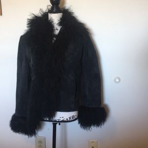 Raffaelo Black Leather Faux Fur Coat Medium